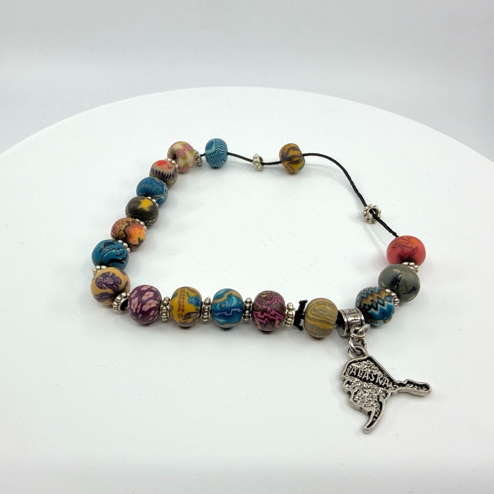 Vintage Polymer Clay Bead Bracelet with Alaska State Charm